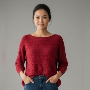 Lauren Ralph Lauren Red Viscose Cable Knit Scoop Neck Sweater, L
